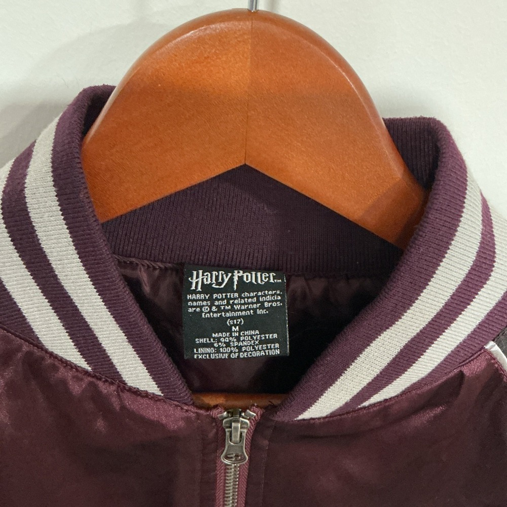 Harry Potter Hogwarts Embroidered Varsity Bomber Jacket Burgundy, Medium, Satin - Picture 5 of 12